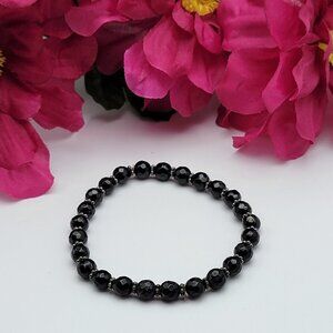 925 Sterling Silver Black Faceted Spinel Stretch Bracelet 6.5" Adj. Signed India